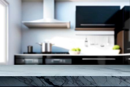 Empty marble top table with blurred kitchen interior Background. for product display.の写真素材