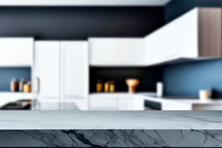 Empty marble top table with blurred kitchen interior Background. for product display.の写真素材