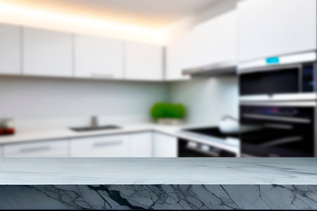 Empty marble top table with blurred kitchen interior Background. for product display.の写真素材