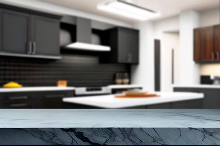 Empty marble top table with blurred kitchen interior Background. for product display.の写真素材