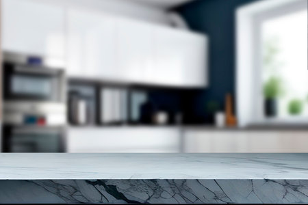 Empty marble top table with blurred kitchen interior Background. for product display.の写真素材