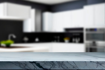 Empty marble top table with blurred kitchen interior Background. for product display.の写真素材