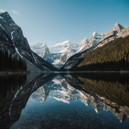 Reflection of mountains in Lake Louise, Banff National Park, Alberta, Canadaの素材