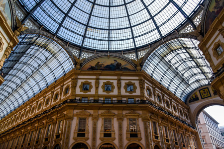 Milan, Italy - May 25 2018: Historical interior architecture of the Gallery Vittorio Emanuele II on Piazza del Duomo (Cathedral Square) in Milan. Traveling and shopping in the one of the world's oldest shopping malls.のeditorial素材