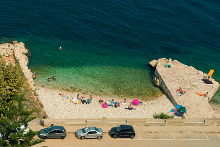 Villefranche sur Mer, France - August 05 2018 : A small beach in Villefranche sur Mer, Franceのeditorial素材
