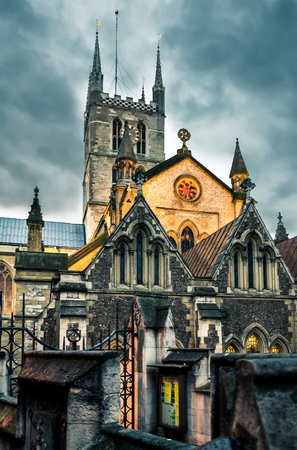 Southwark Cathedral with sunset sky, London, England.の写真素材