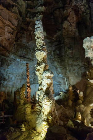 Frasassi, Italy - July 08 2020: View at the Frasassi Cave in Marche, Italy. Frasassi Cave is one of the most beautiful caves in Italy that can be visited.のeditorial素材