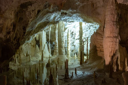 Frasassi, Italy - July 08 2020: View at the Frasassi Cave in Marche, Italy. Frasassi Cave is one of the most beautiful caves in Italy that can be visited.のeditorial素材