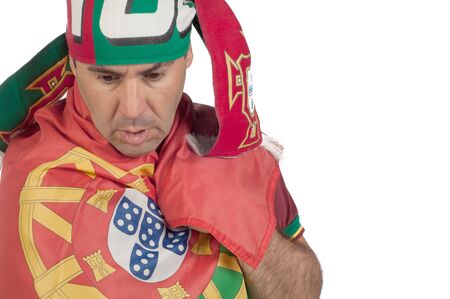 Portugal soccer fan with the portuguese flagの写真素材