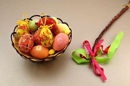 Easter eggs in a basketの写真素材