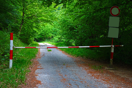 A ramp on a forest road, and a no entry signの写真素材