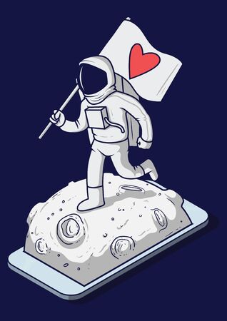 Astronaut walking on the moon with a flah with a heart vector illustration. Technology, social media, future, space, exploration design conceptのイラスト素材