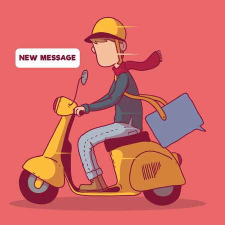 Guy on a moped delivering a message vector illustration. Communicaton, technology, social media, message, talking, sharing, friends design conceptのイラスト素材