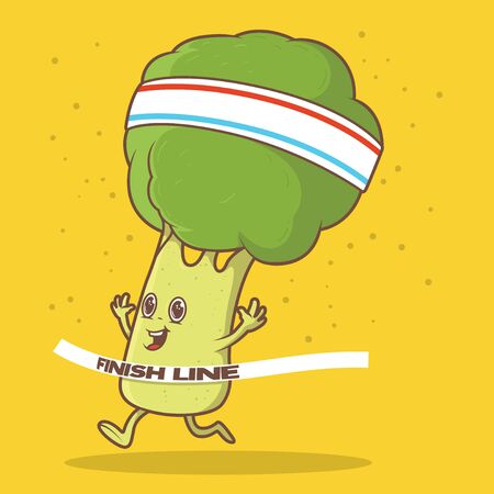 Broccoli character running and smiling vector illustration. Healthy food design conceptのイラスト素材