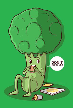 Broccoli eating fast food vector illustration. Fast food obesity design conceptのイラスト素材