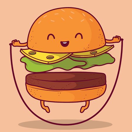 Burger jumping rope vector illustration. Sport, food, healthy, fast food, fat, unhealthy design conceptのイラスト素材