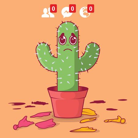 Cactus with no friends in social media vector illustration. Social media, friendship, technology, connected design conceptのイラスト素材