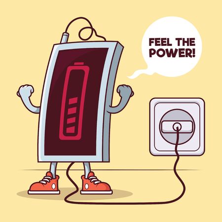 Phone character charging battery vector illustration. Energy, battery, smartphone, charging design conceptのイラスト素材