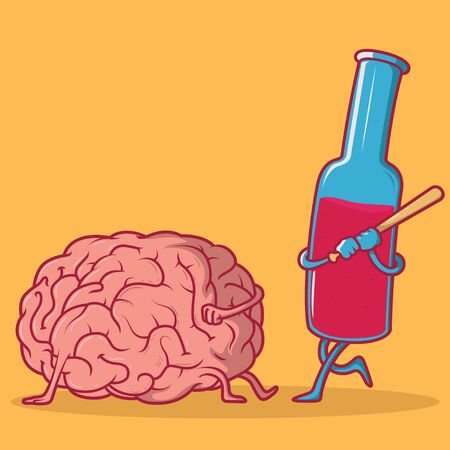 Bottle hitting brain with a bat vector illustration. Alcohol abuse, headache design conceptのイラスト素材