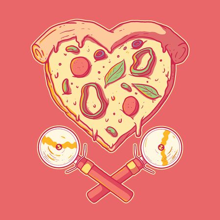 Heart shape pizza vector illustration. Valentine, love, fast food design conceptのイラスト素材