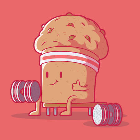 Muffin lifting weights vector illustration. Food, healthy, sport, fitness design concept.のイラスト素材