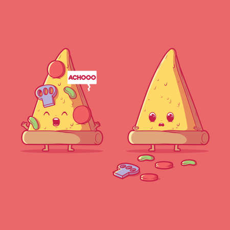 Pizza slice sneezing vector illustration. Food, disease, fast food design concept.のイラスト素材