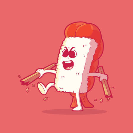 Angry sushi character vector illustration. Food, funny, brand design concept.のイラスト素材