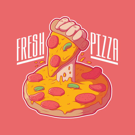 Hand coming out of a pizza holding a slice vector illustration. Food, brand, funny design concept.のイラスト素材