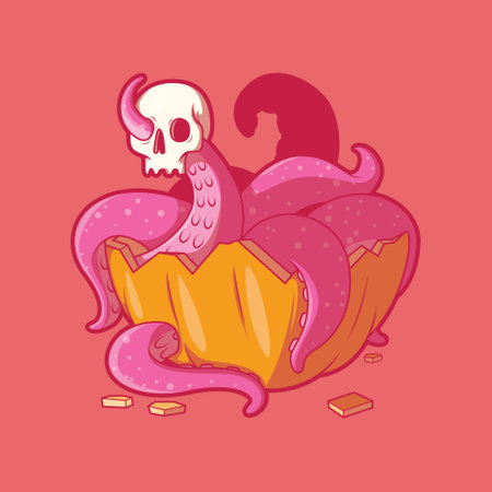 Octopus in a broken Pumpkin with a skull vector illustration. Funny, Halloween, horror design concept.のイラスト素材