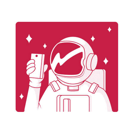 Spaceman with a phone vector illustration. Future, technology, mascot design concept.