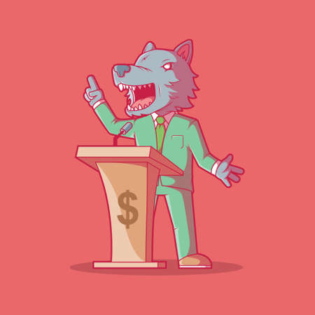 Politician wolf character vector illustration. Money, politics, corruption design concept.のイラスト素材