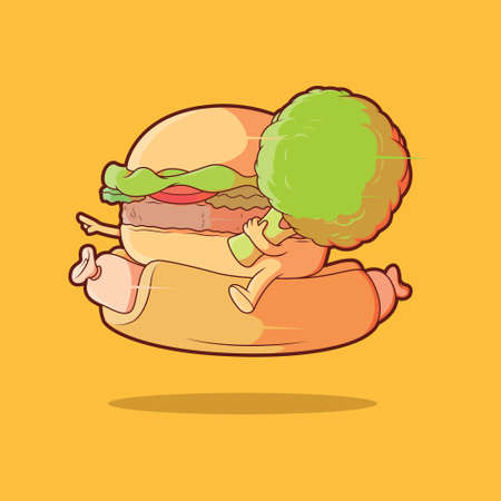 Burger holding broccoli riding a hot dog vector illustration. Food, brand, funny design concept.のイラスト素材