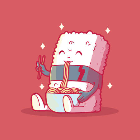 Cute Sushi character eating ramen vector illustration. Food, brand, funny design concept.のイラスト素材