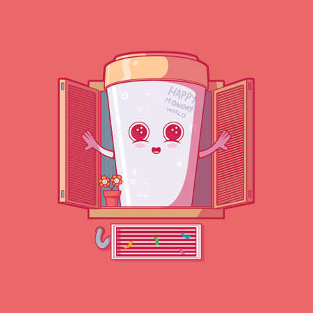 A cute coffee character on the window vector illustration. Motivation, funny, drink design concept.のイラスト素材
