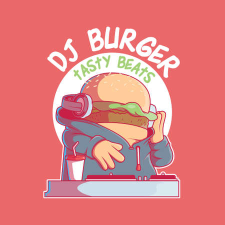 Dj Burger mixing music vector illustration. Food, music, funny, brand design concept.のイラスト素材