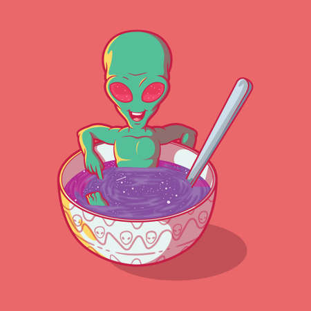 Alien Character on space soup bowl vector illustration. Discover, astronomy, food design concept.のイラスト素材