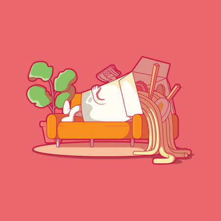 Ramen box character chilling on the couch vector illustration. Food, funny, brand design concept.のイラスト素材