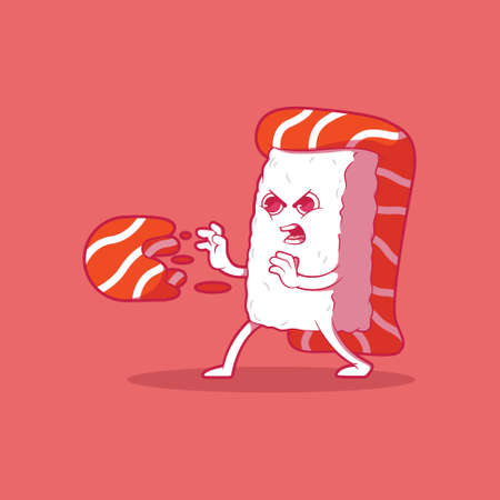 Sushi character launching salmon power vector illustration. Gaming, food, funny design concepts.のイラスト素材