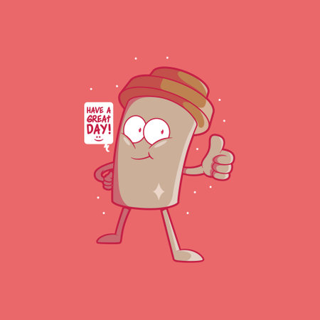 Happy coffee cup character vector illustration. Motivation, inspiration, drink design concept.のイラスト素材