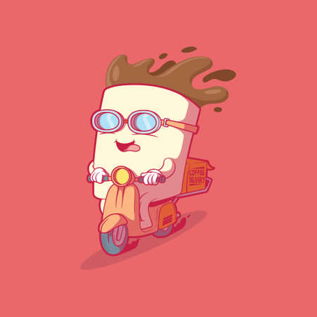 Cute Coffee cup delivering coffee vector illustration. Mascot, brand, funny design concept.のイラスト素材