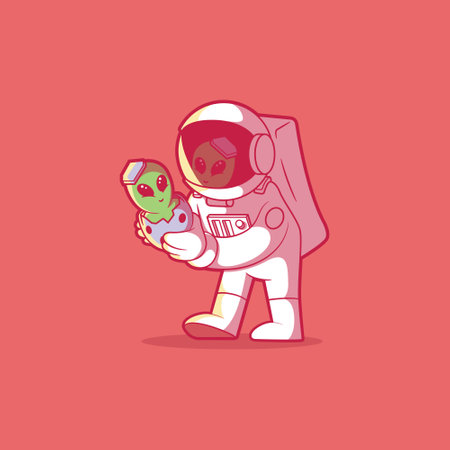Astronaut holding a baby alien vector illustration. Mascot, brand, aliens design concept.のイラスト素材