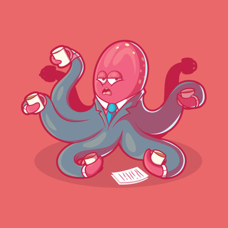 Working octopus drinking coffee vector illustration. Workaholic, brand, funny design concept.のイラスト素材