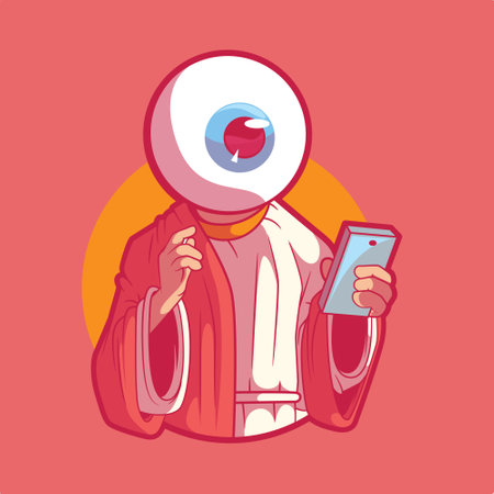 Big eye character looking at a smartphone vector illustration. Technology, privacy, funny design...