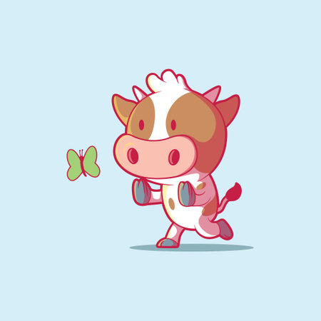 Cow Character trying to catch a butterfly vector illustration. Animal, brand, mascot design concept.のイラスト素材