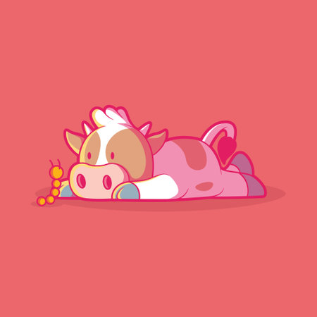 Lazy Cow character looking at a bug vector illustration. Funny, animal, mascot design concept.のイラスト素材