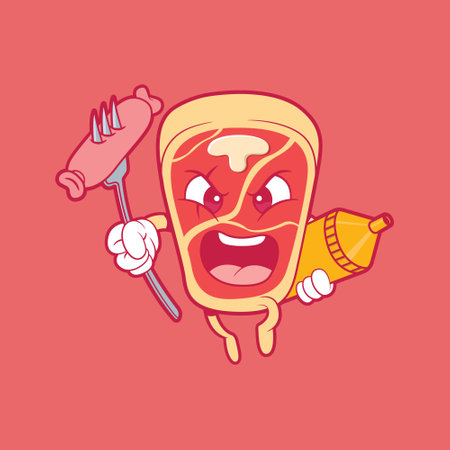 T bone steak character mascot vector illustration. Food, party, funny design concept.のイラスト素材
