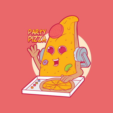 Pizza DJ character playing music vector illustration. Food, advertising, and music design concepts.のイラスト素材