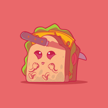 A cute sandwich character with a knife on his head. Food, funny, party vector illustration.のイラスト素材