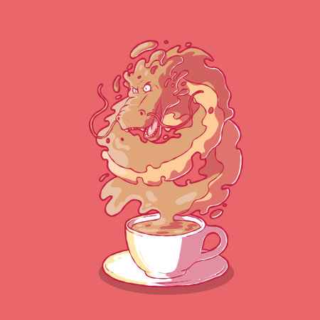 Liquid Dragon coming out of a coffee cup vector illustration. Drink, coffee, energy design concept.のイラスト素材