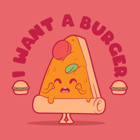 Pizza Slice character wants a burger vector illustration. Food, funny, logo design concept.のイラスト素材